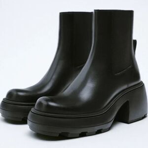ZARA 36 Black Leather Womens Chunky Lug Sole Boot Chelsea Ankle Low Heel